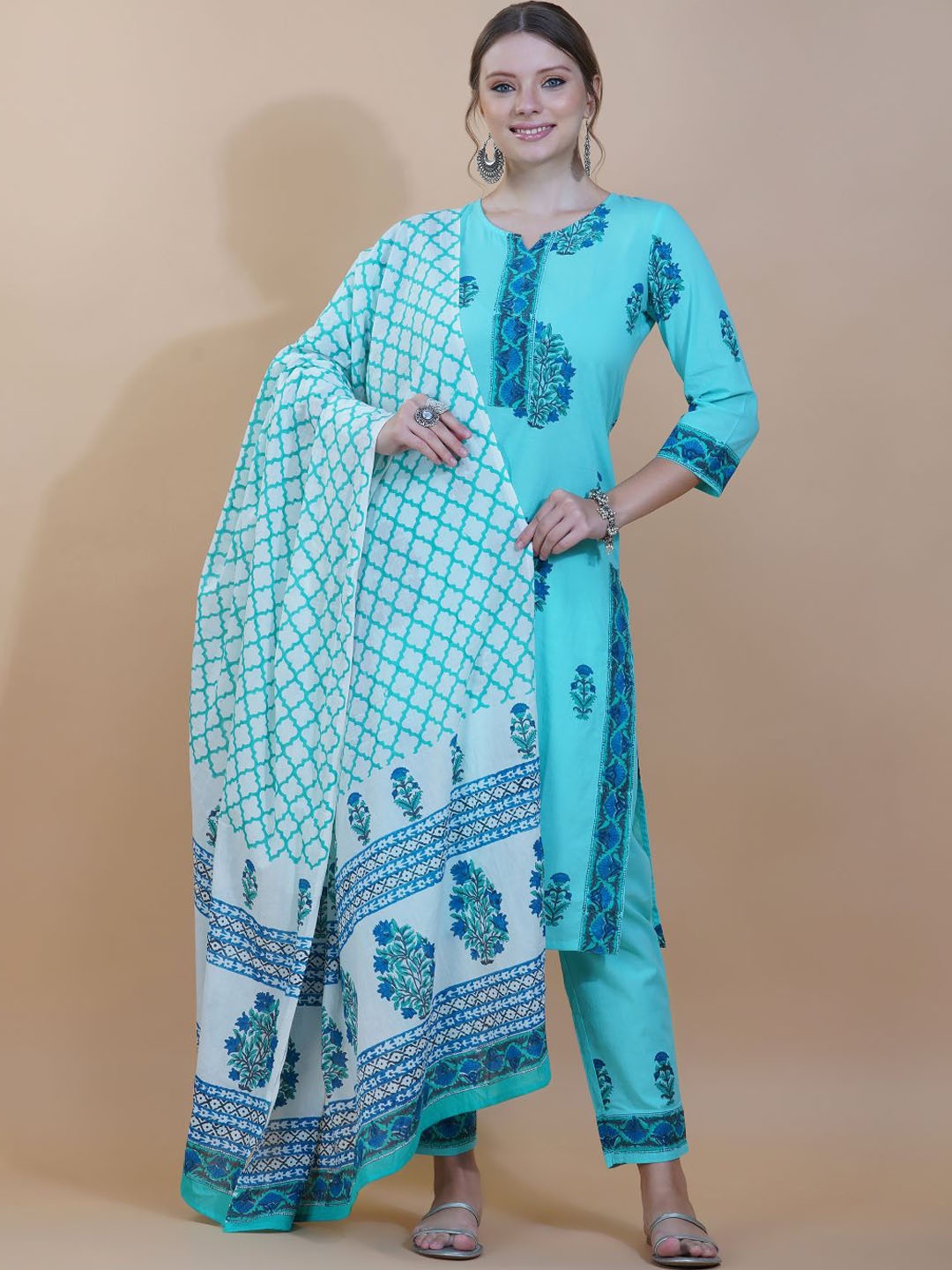 

INDOKASH Ethnic Motifs Printed Regular Pure Cotton Kurta with Trousers & Dupatta, Blue