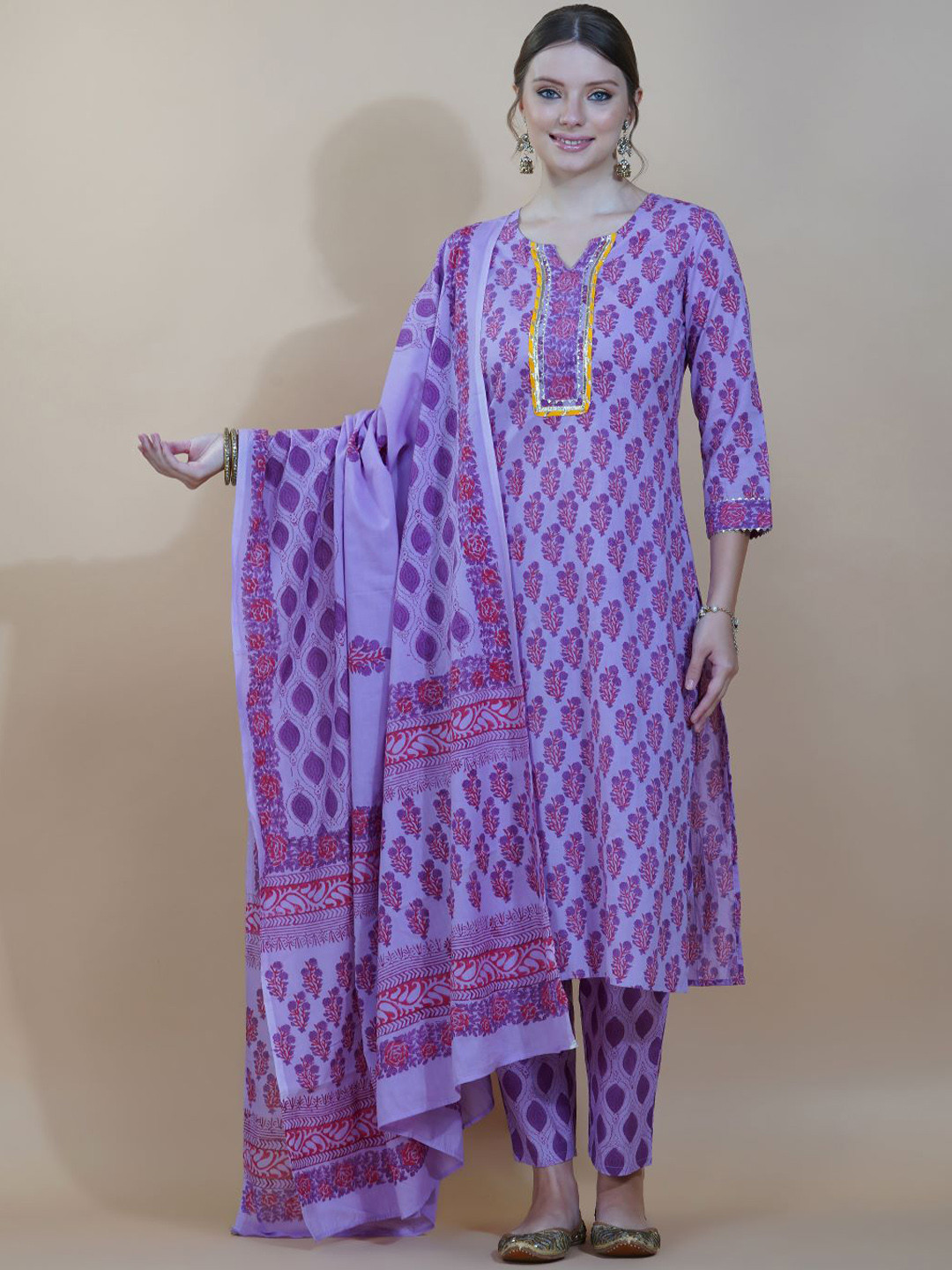 

INDOKASH Ethnic Motifs Printed Regular Pure Cotton Kurta with Trousers & Dupatta, Purple
