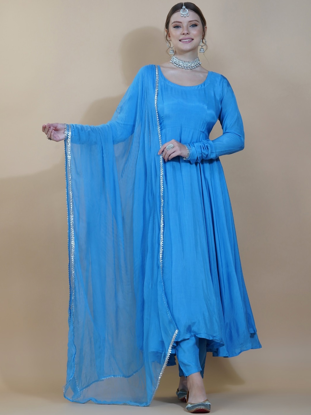 

INDOKASH Round Neck Pure Silk Kurta with Trousers & Dupatta, Blue