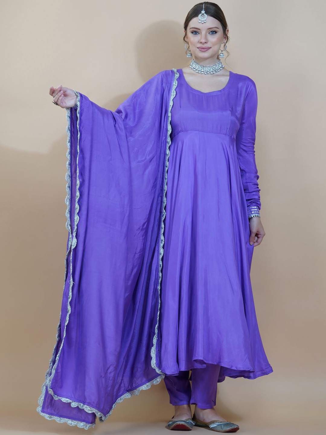 

INDOKASH Round Neck Regular Anarkali Pure Silk Kurta with Trousers & Dupatta, Purple