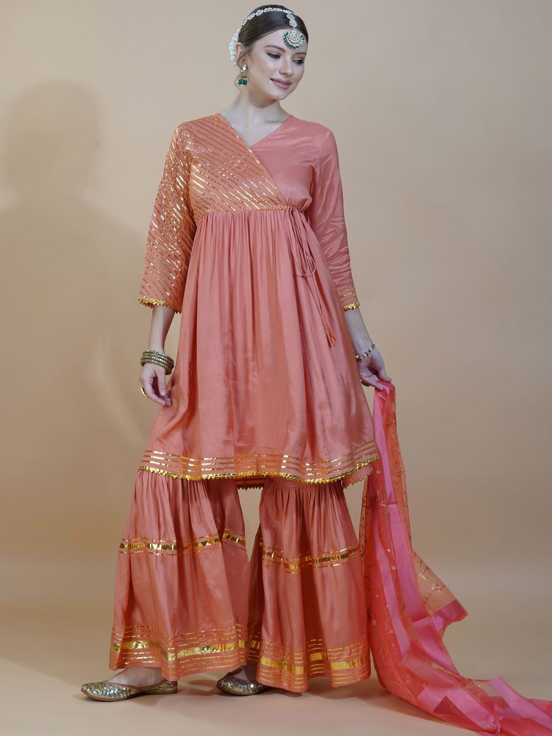 

INDOKASH V-Neck Gotta Patti Detail Pure Silk Kurta With Sharara & Dupatta, Orange
