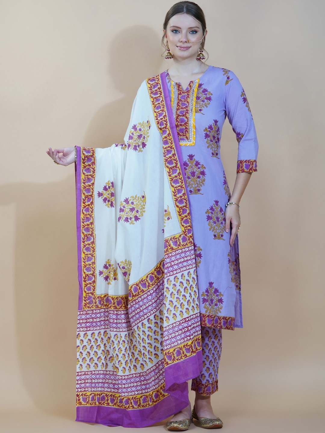 

INDOKASH Floral Printed Gotta Patti Pure Cotton Kurta with Trousers & Dupatta, Purple