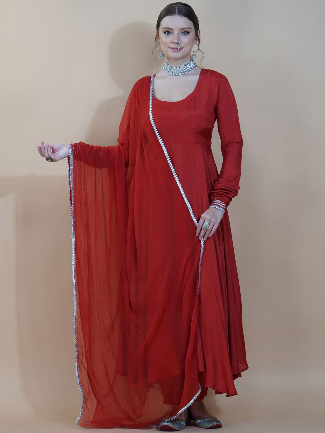 

INDOKASH Round Neck Anarkali Pure Silk Kurta with Trousers & Dupatta, Maroon