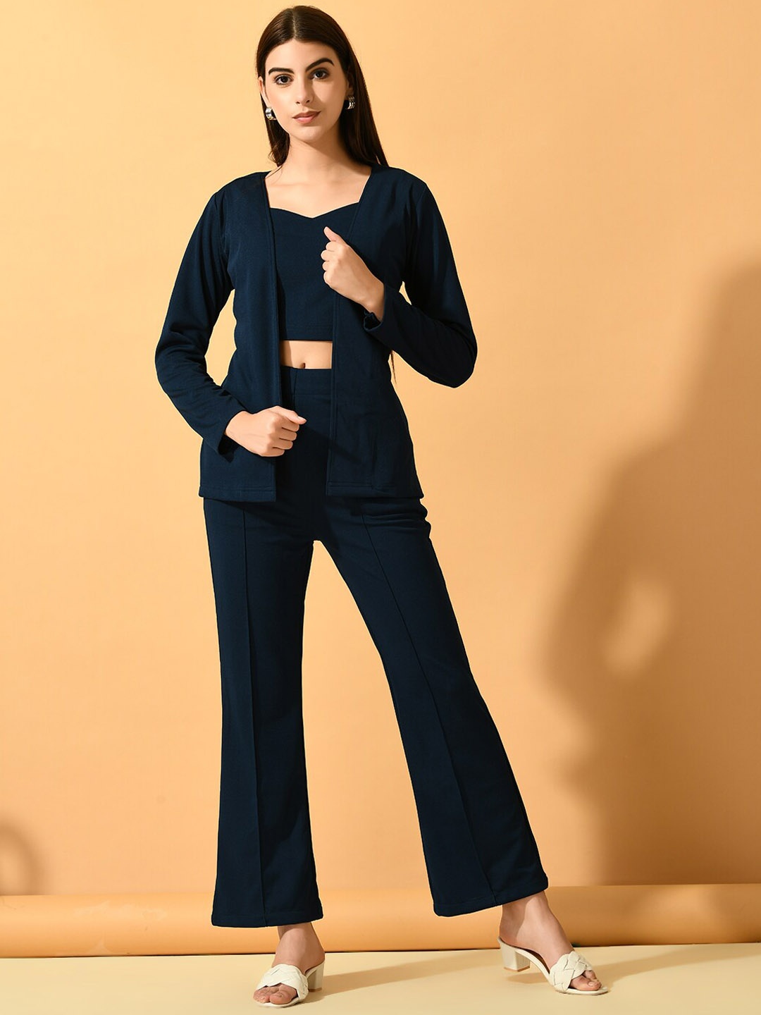 

Myshka Sweetheart Crop Top & Front Open Coat With Straight Trouser, Navy blue