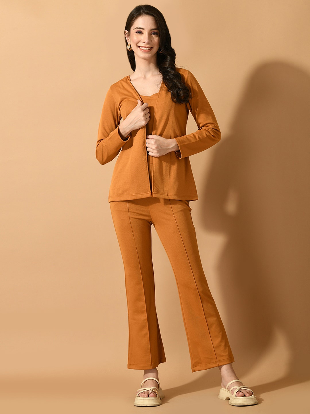 

Myshka Sweetheart Neck Crop Top & Front Open Coat With Trouser, Mustard