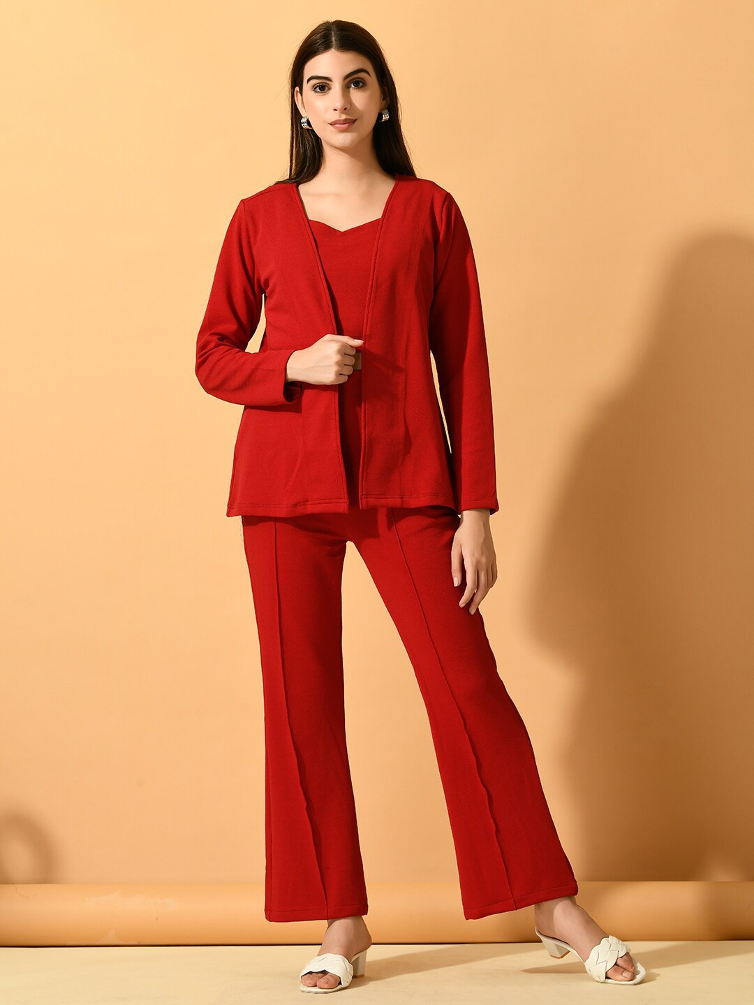

Myshka Sweetheart Neck Top With Straight Trouser & Front Open Coat, Red
