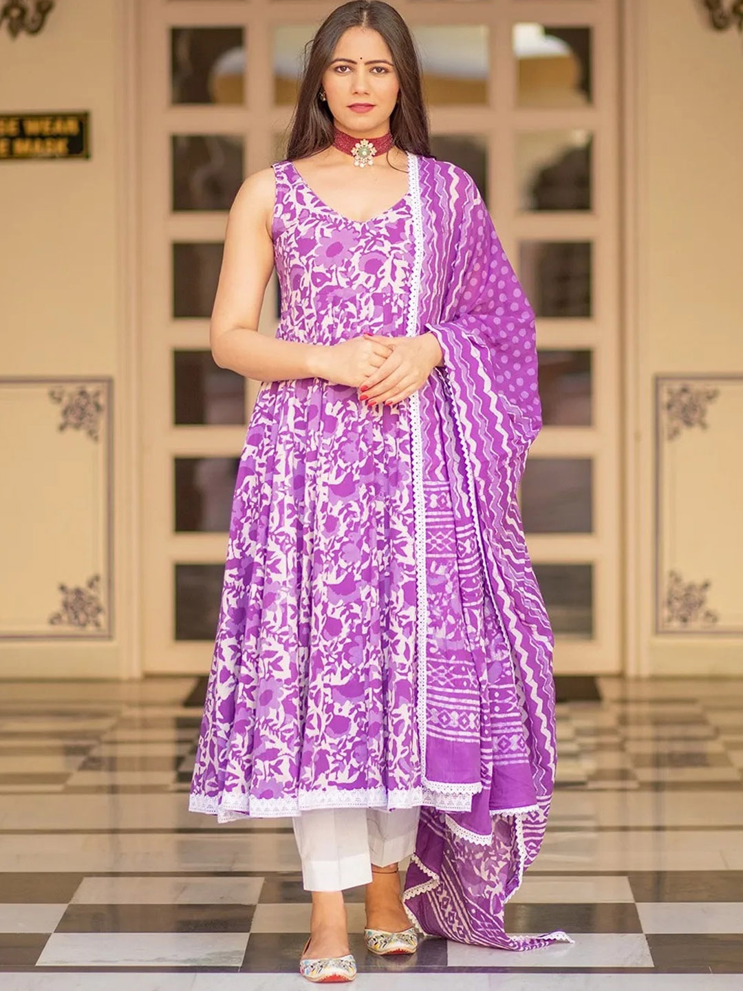 

KALINI Floral Printed Empire Anarkali Kurta with Trousers & Dupatta, Purple