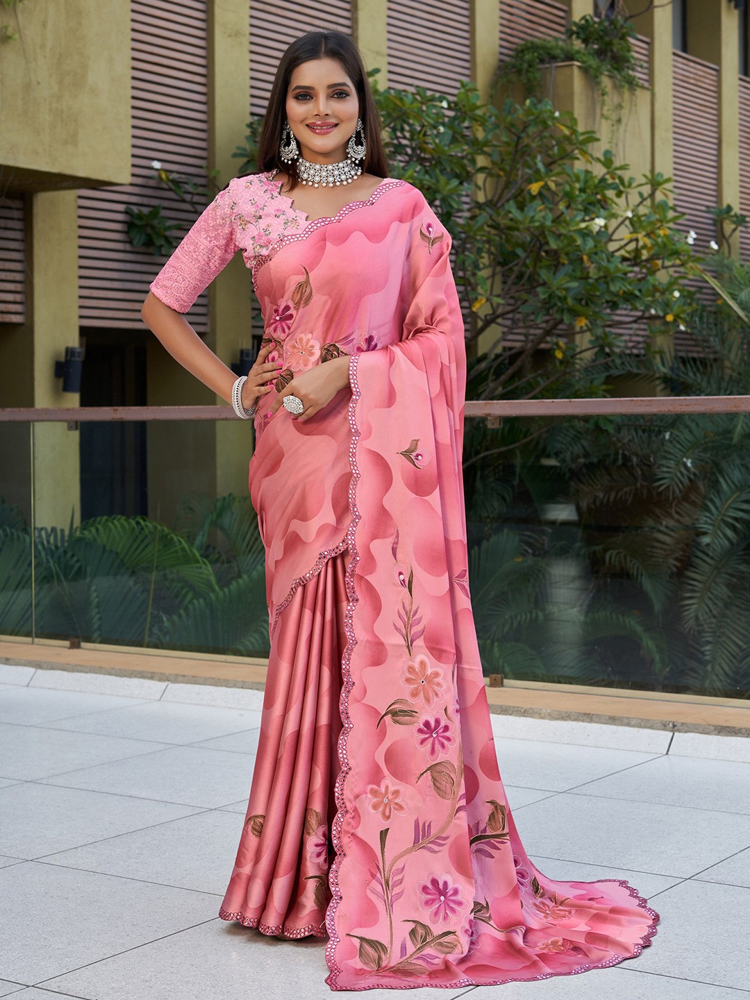 

Mitera Floral Printed Mirror Work Pure Georgette Saree, Peach