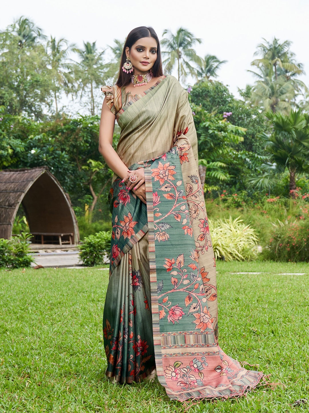 

Mitera Green & Orange Floral Printed Pure Silk Saree