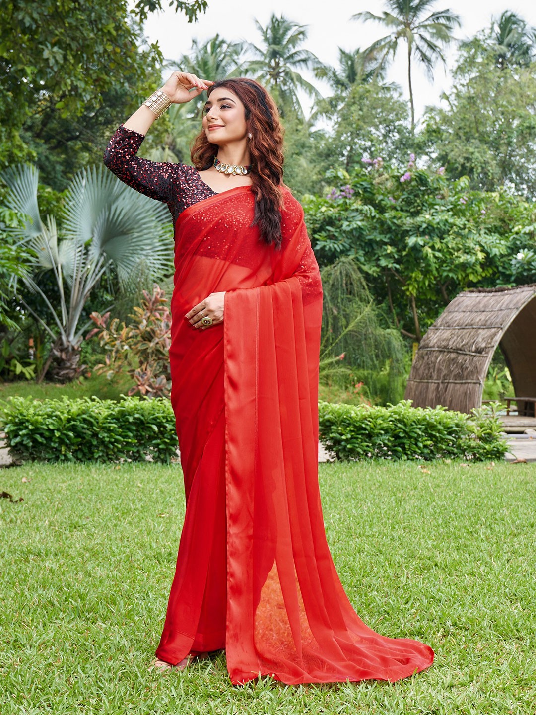 

Mitera Pure Chiffon Ready to Wear Saree, Red