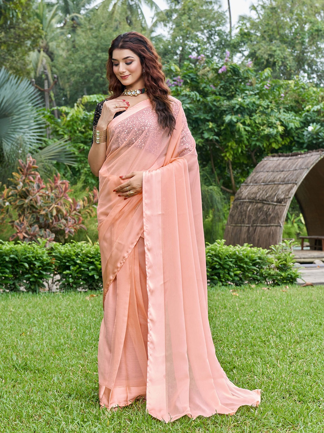 

Mitera Pink & Black Sequinned Pure Chiffon Ready to Wear Saree