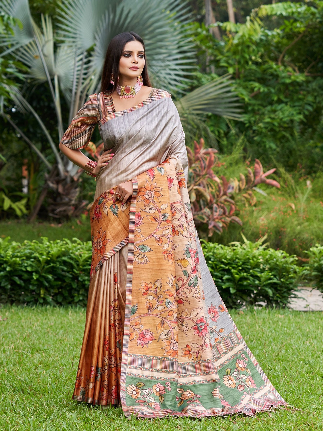 

Mitera Orange & Green Floral Printed Pure Silk Saree