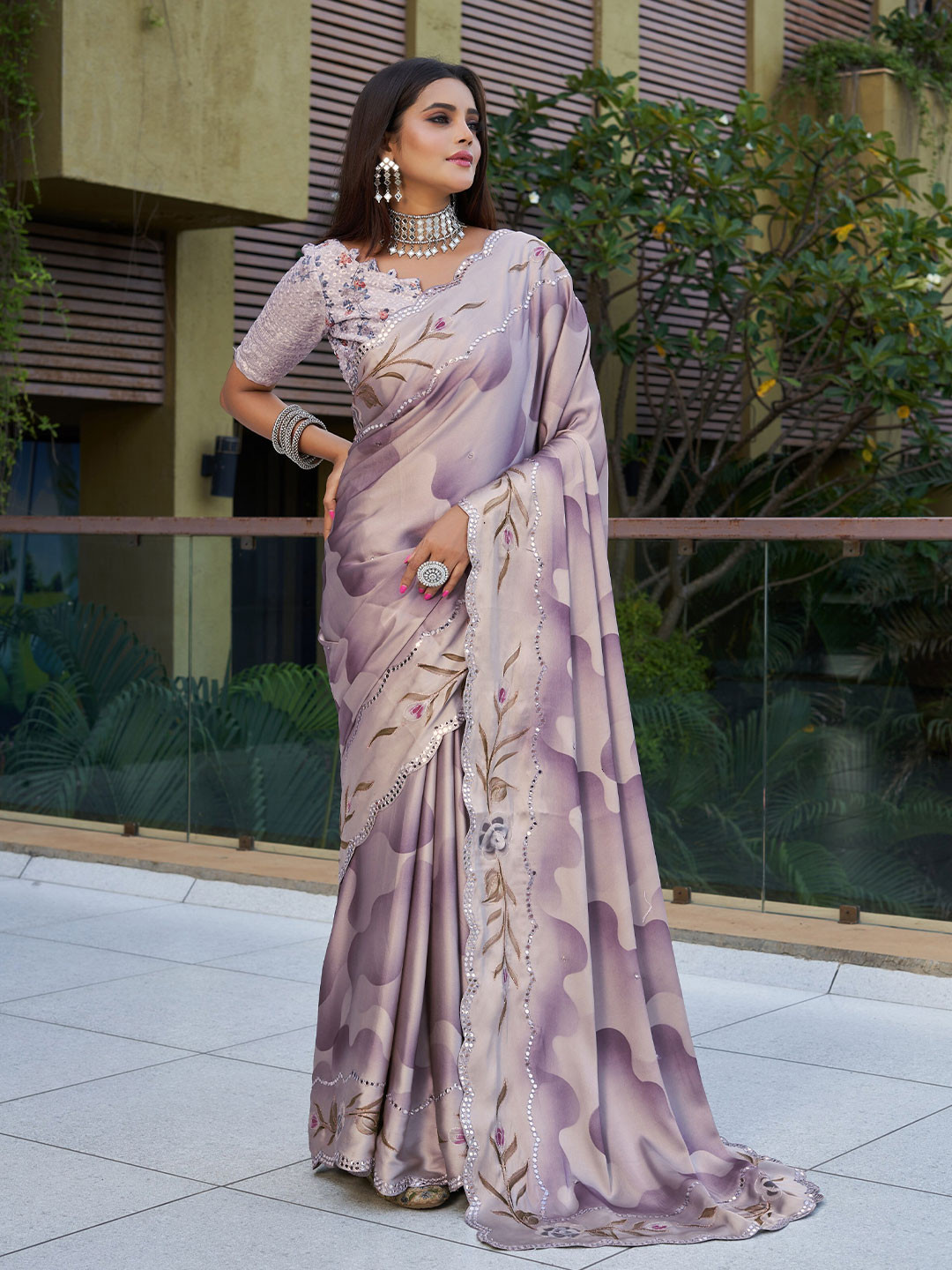 

Mitera Purple Floral Printed Mirror Work Pure Georgette Saree