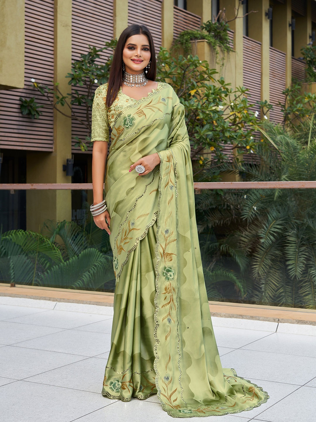 

Mitera Green & Brown Floral Printed Mirror Work Pure Georgette Saree