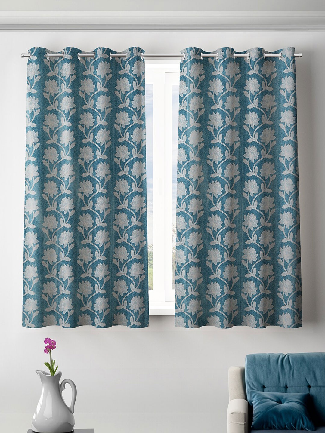

ROMEE Turquoise Blue & White 2 Pieces Floral Room Darkening Window Curtains