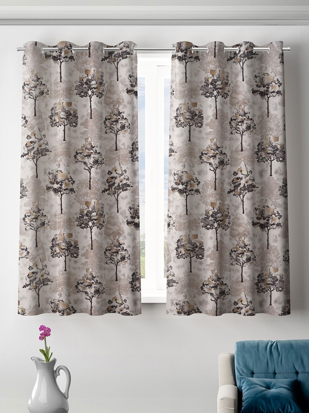 

ROMEE Grey & White 2 Pieces Floral Room Darkening Window Curtains