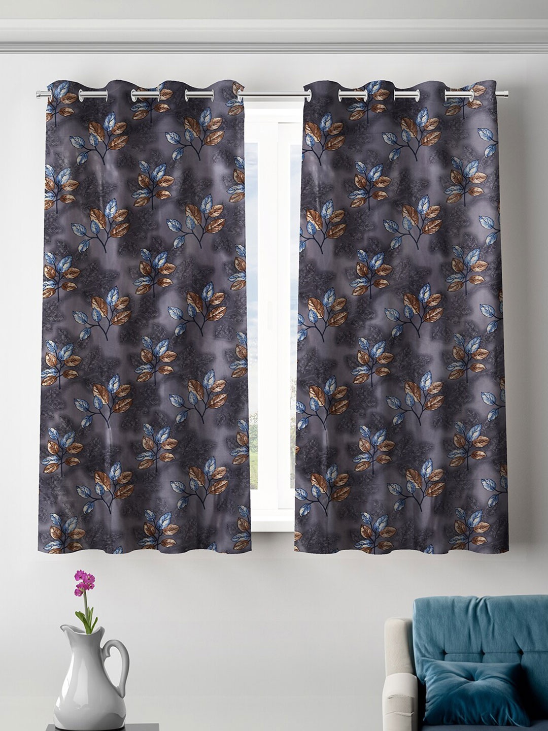 

ROMEE Grey & Brown 2 Pieces Floral Room Darkening Window Curtains