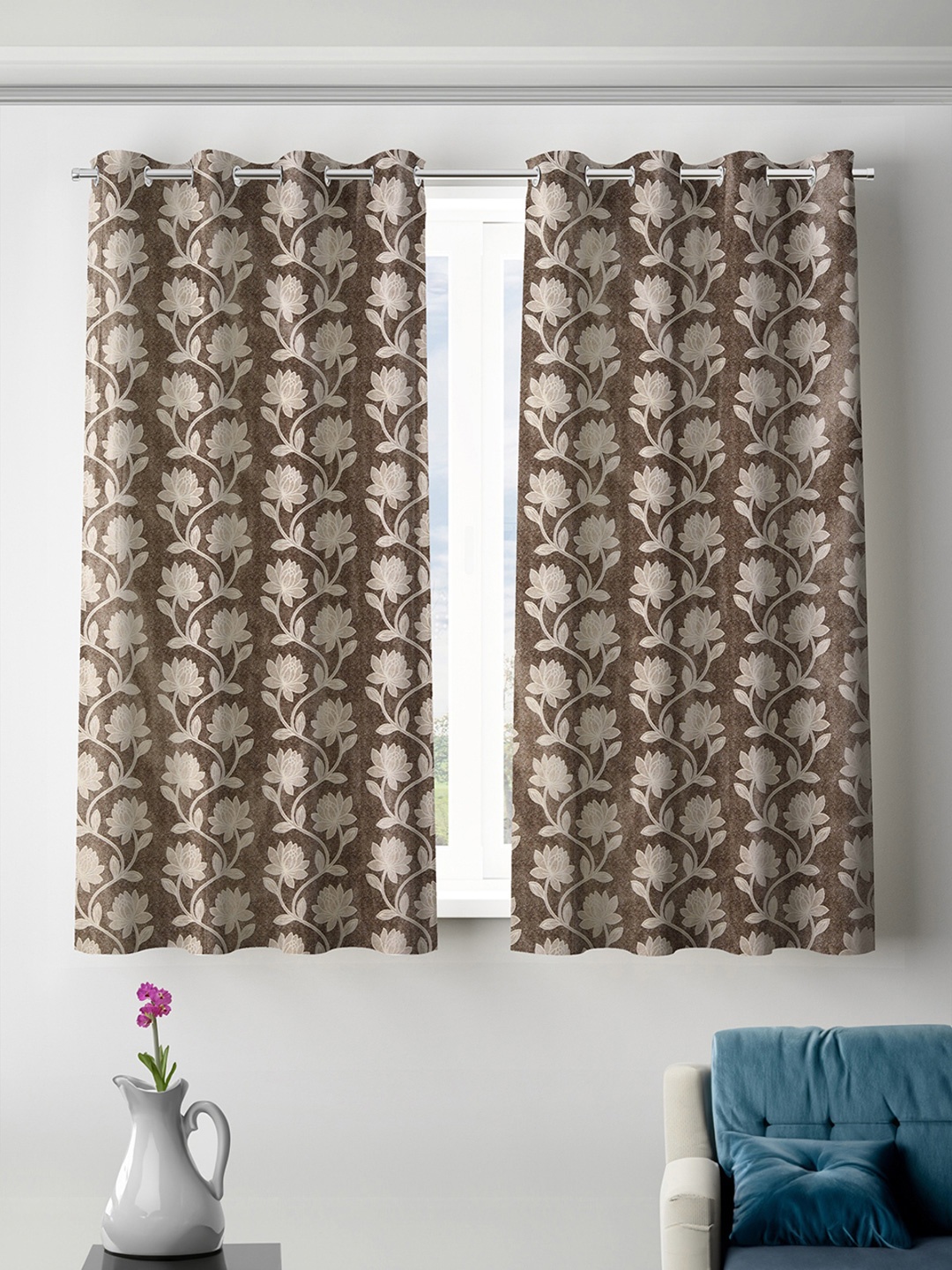 

ROMEE Brown & White 2 Pieces Floral Room Darkening Window Curtains