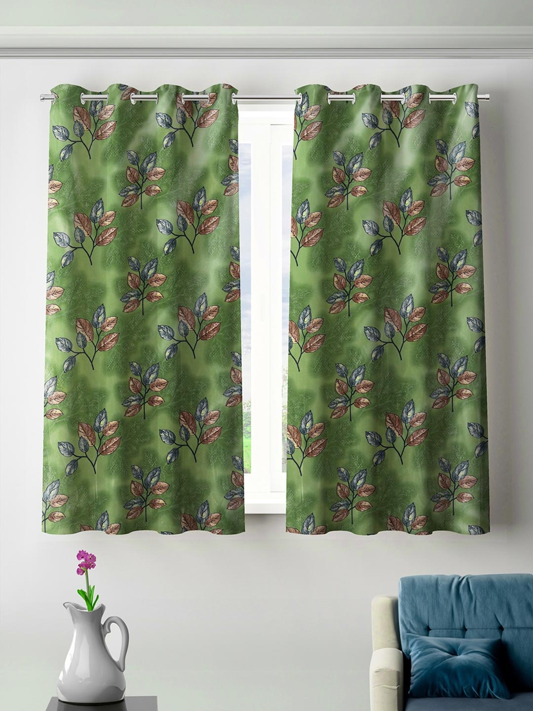 

ROMEE Green & Blue 2 Pieces Floral Room Darkening Window Curtains