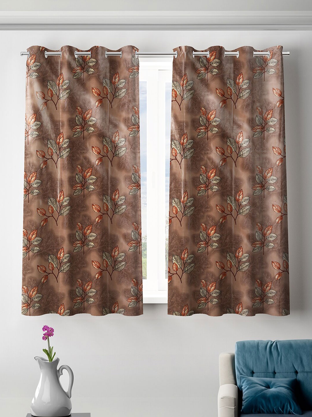 

ROMEE Brown & Blue 2 Pieces Floral Room Darkening Window Curtains