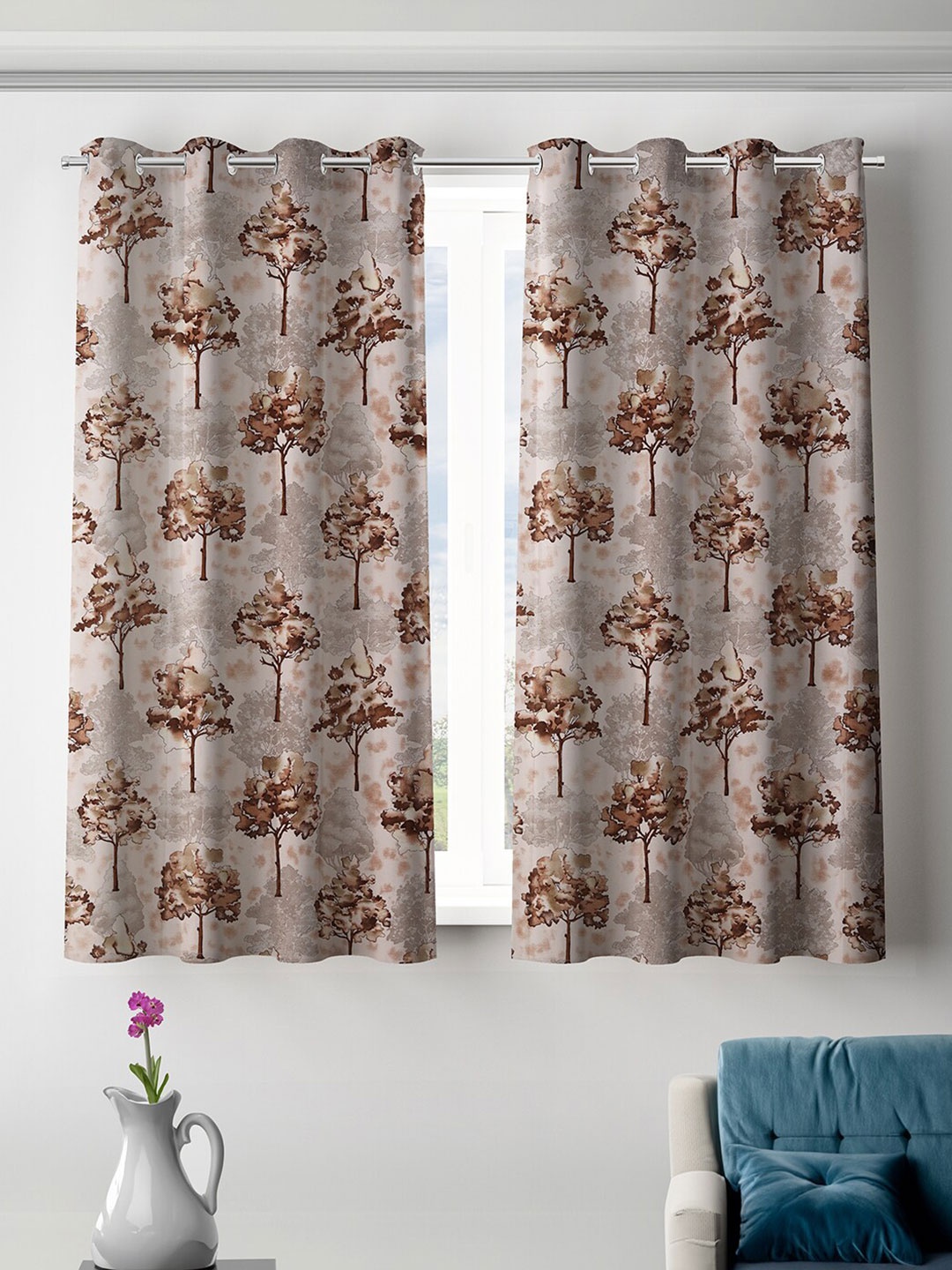 

ROMEE Gold-Toned & Cream-Coloured 2 Pieces Floral Room Darkening Window Curtains