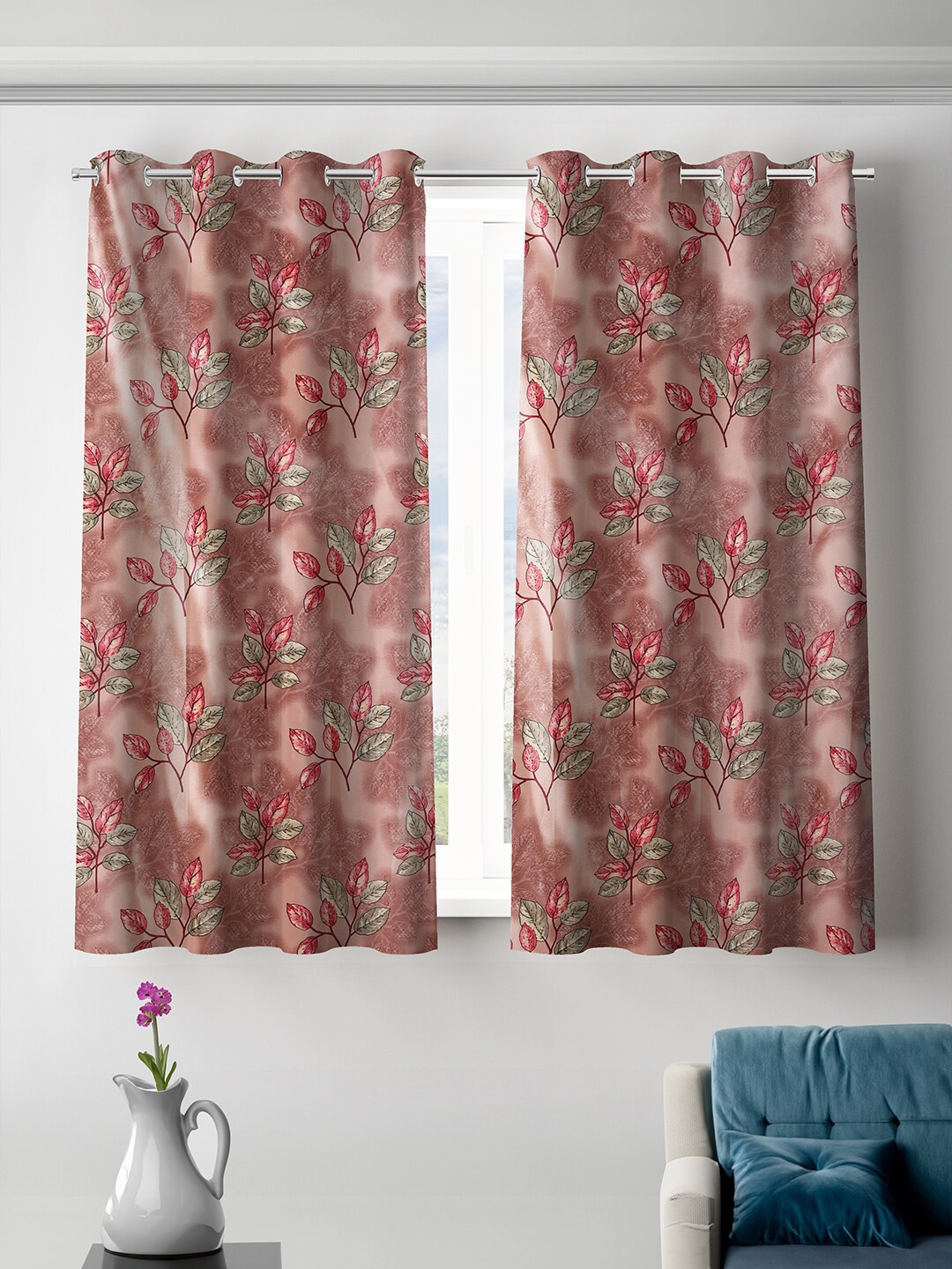 

ROMEE Peach-Coloured & Green 2 Pieces Floral Room Darkening Window Curtains