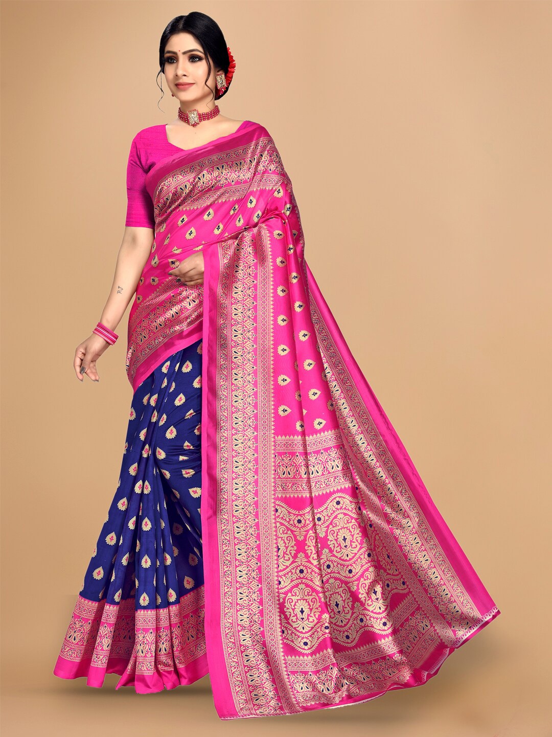 

KALINI Ethnic Motifs Printed Half and Half Saree, Pink