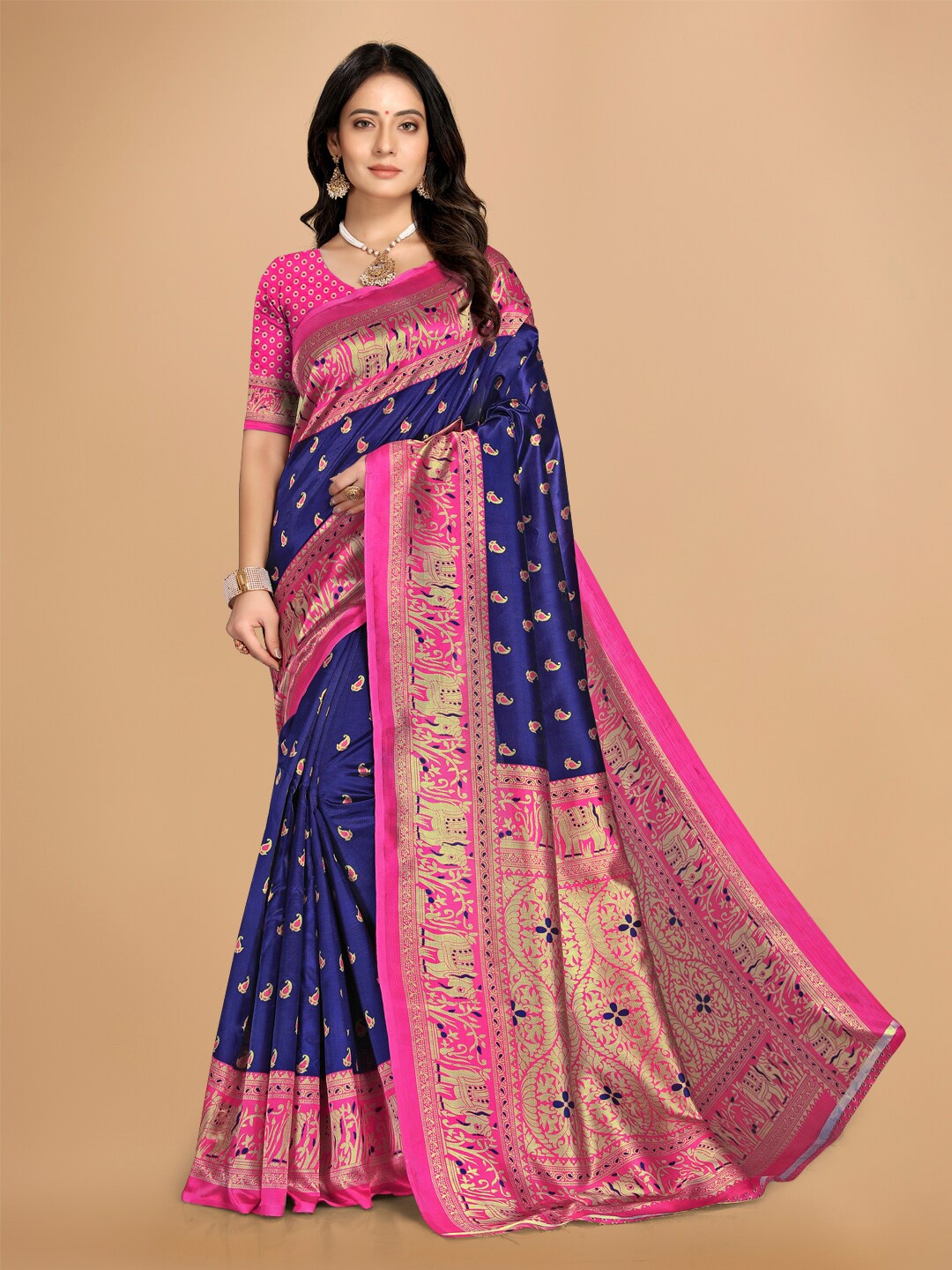 

KALINI Ethnic Motifs Printed Saree, Navy blue