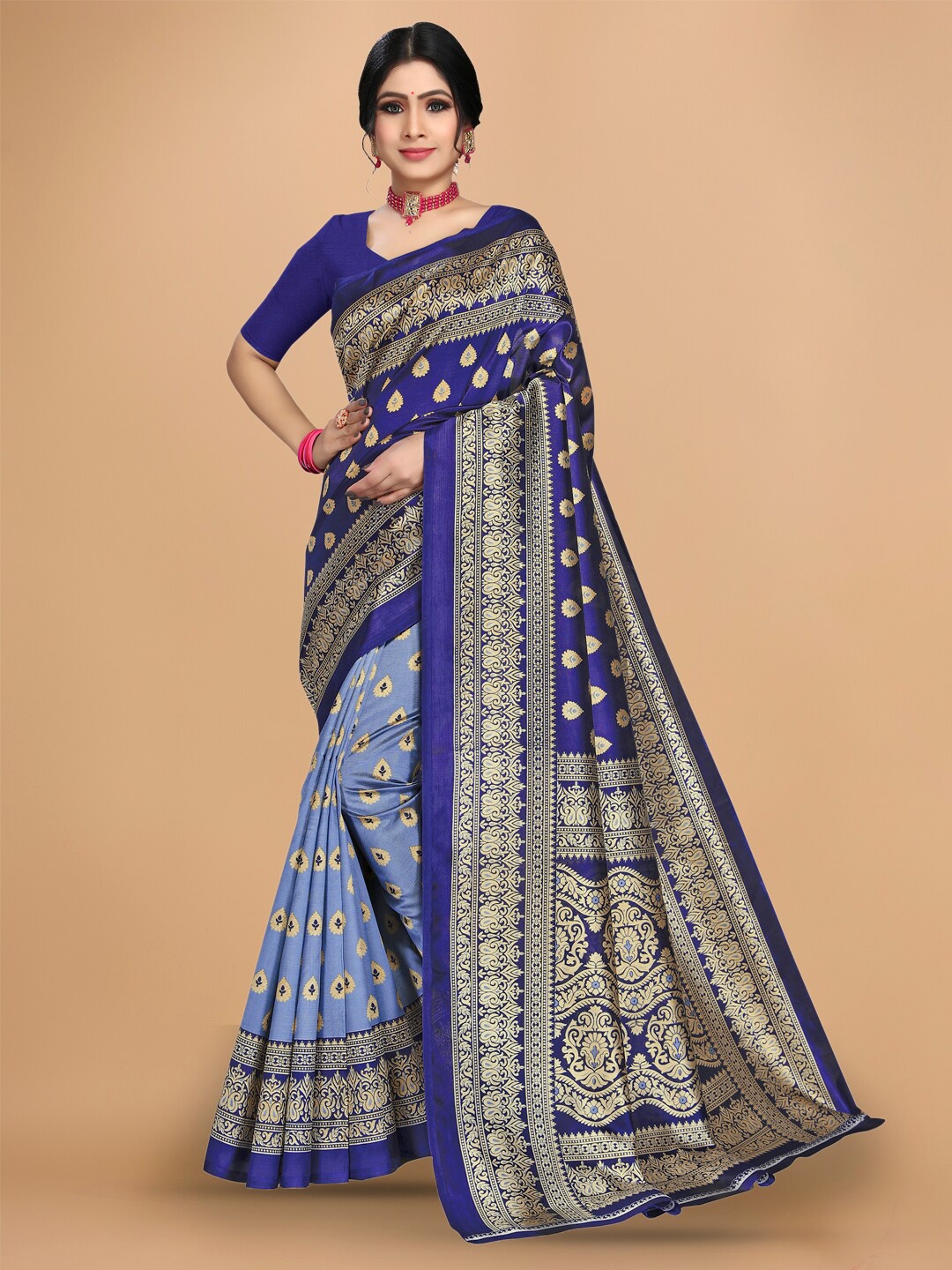 

KALINI Ethnic Motifs Printed Saree, Navy blue