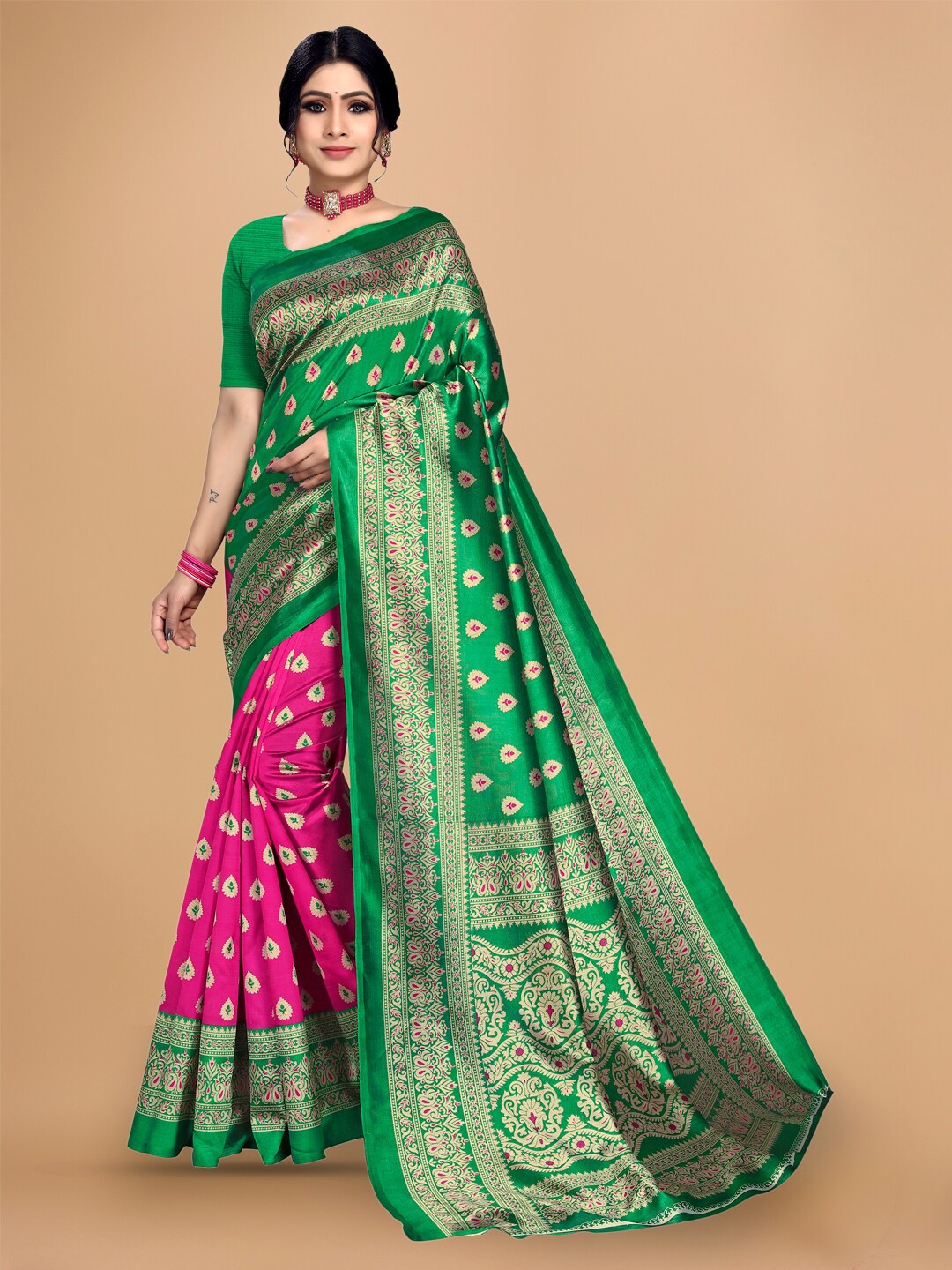 

KALINI Ethnic Motifs Printed Half and Half Saree, Green
