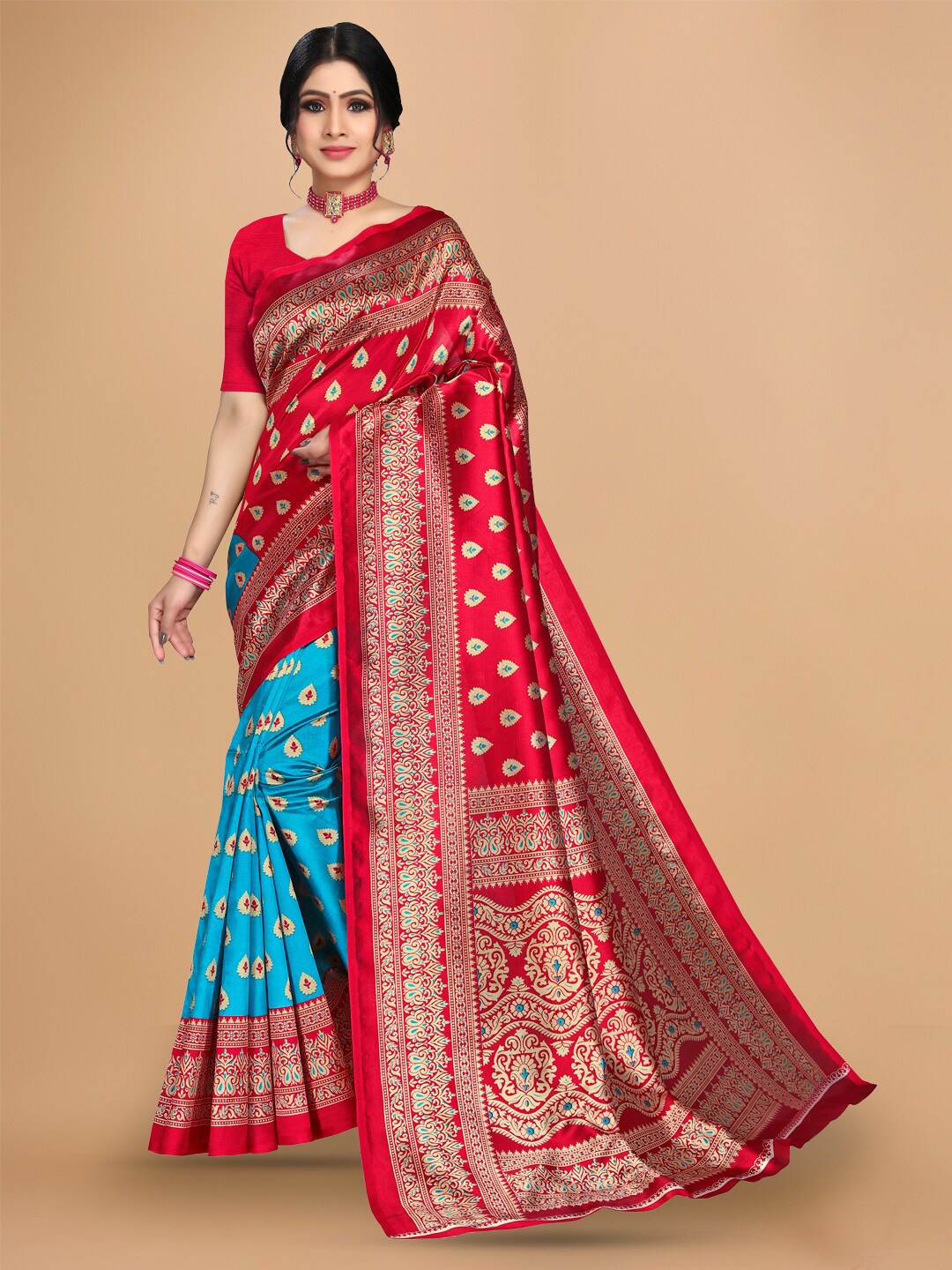 

KALINI Ethnic Motifs Printed Half and Half Saree, Red