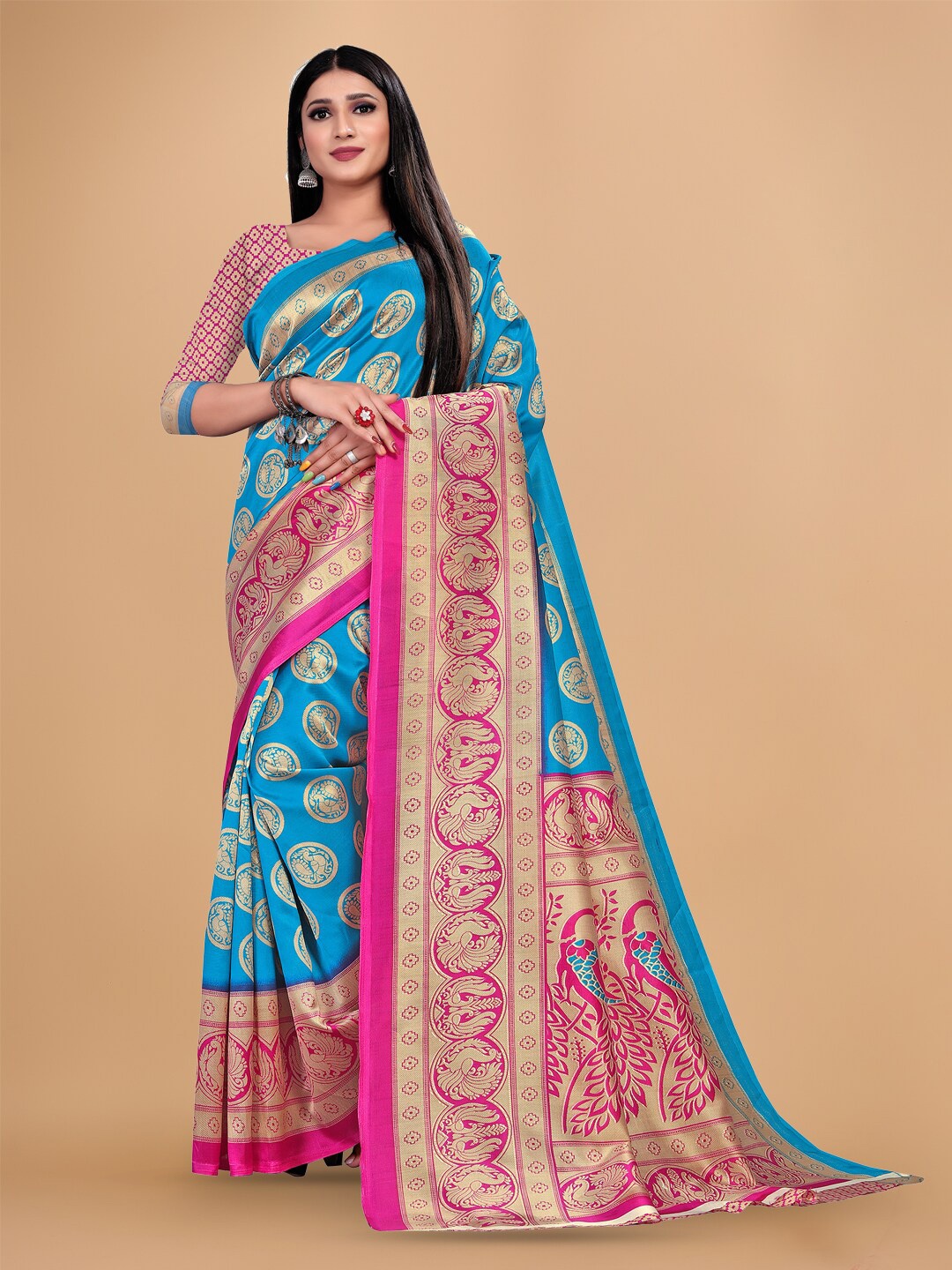 

KALINI Ethnic Motifs Printed Zari Saree, Sea green
