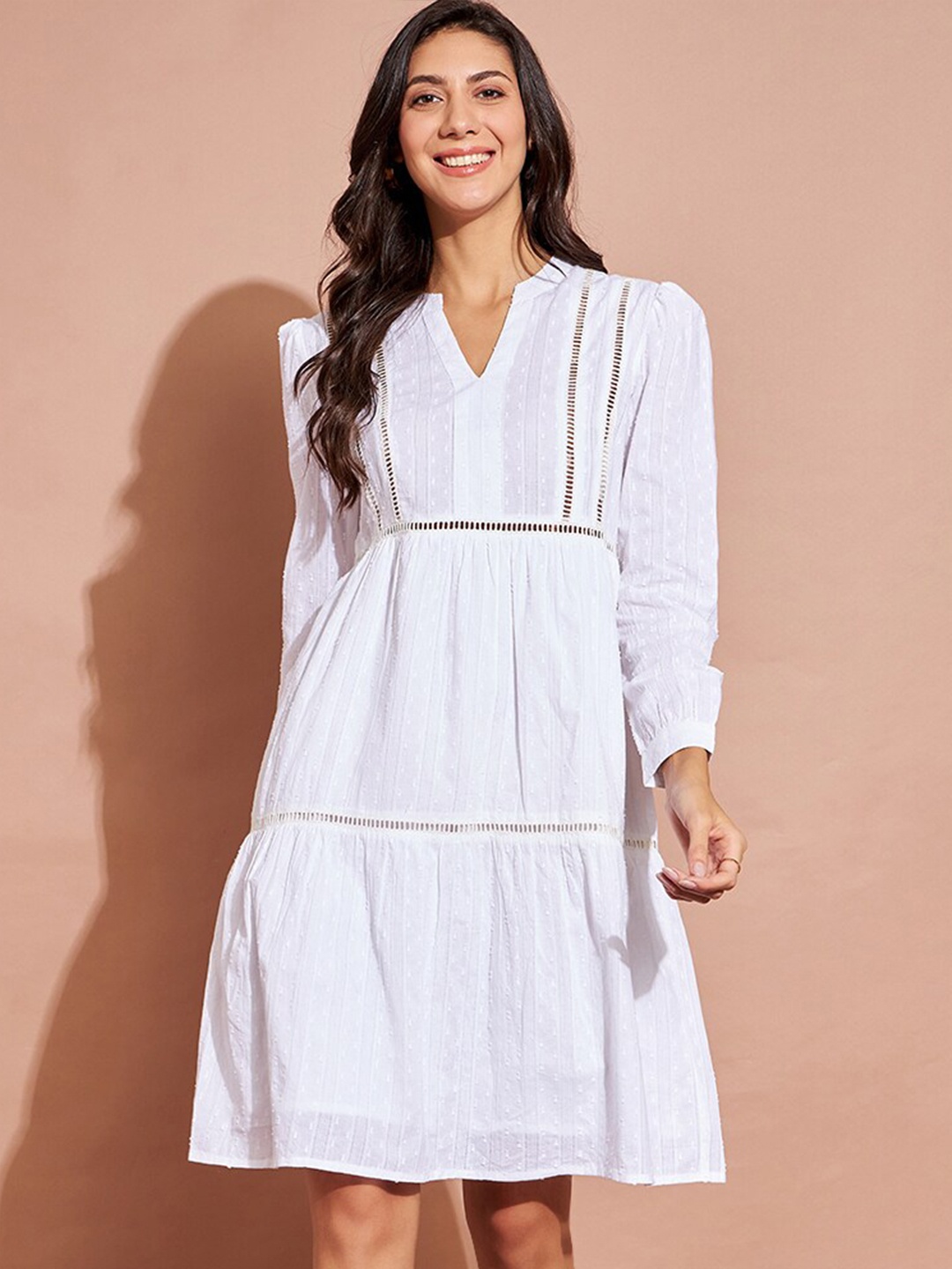 

DressBerry Off White Self Design Puff Sleeves Cotton A-Line Dress