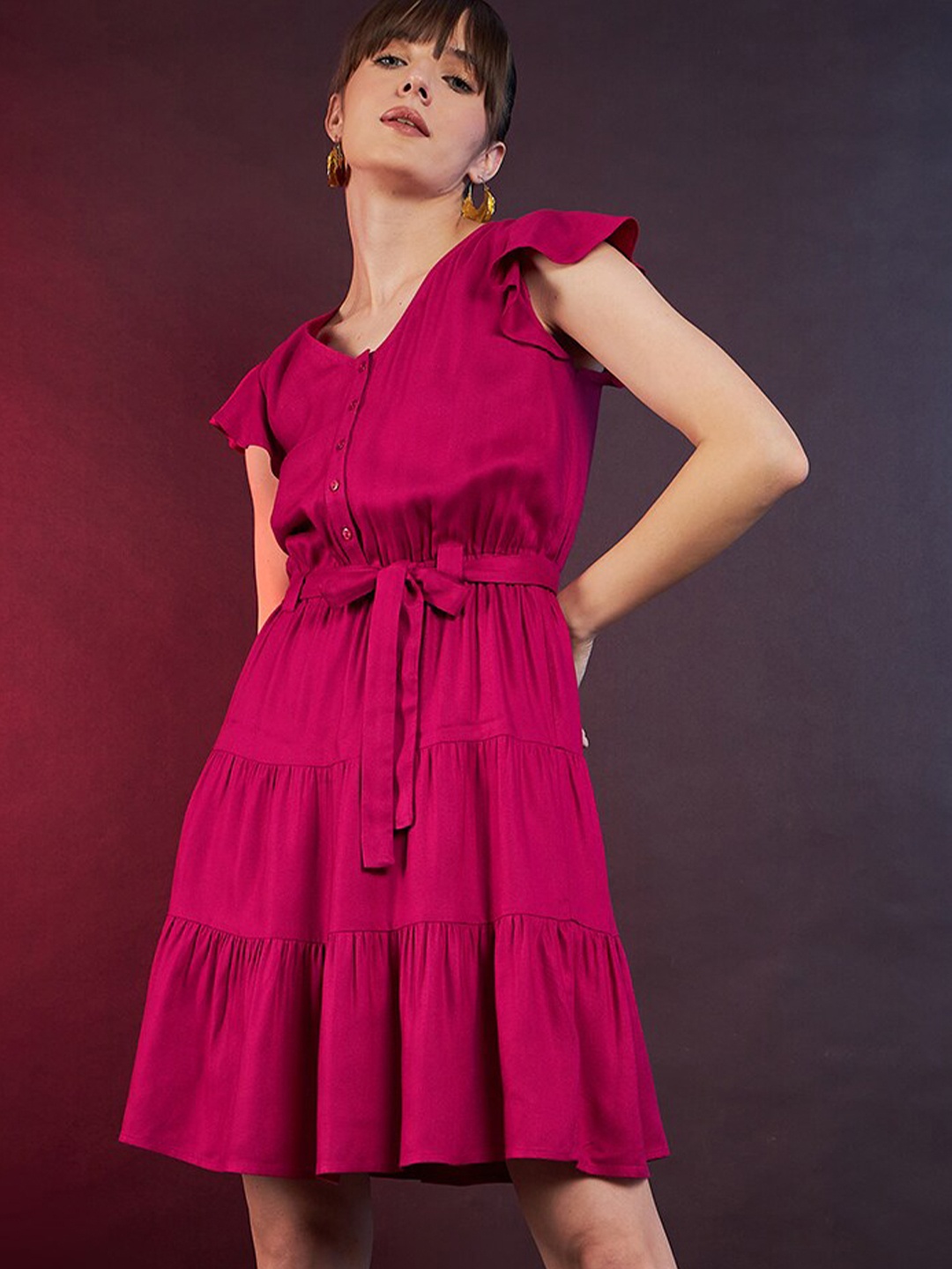 

DressBerry Pink V-Neck Flutter Sleeves Belted Fit & Flare Dress