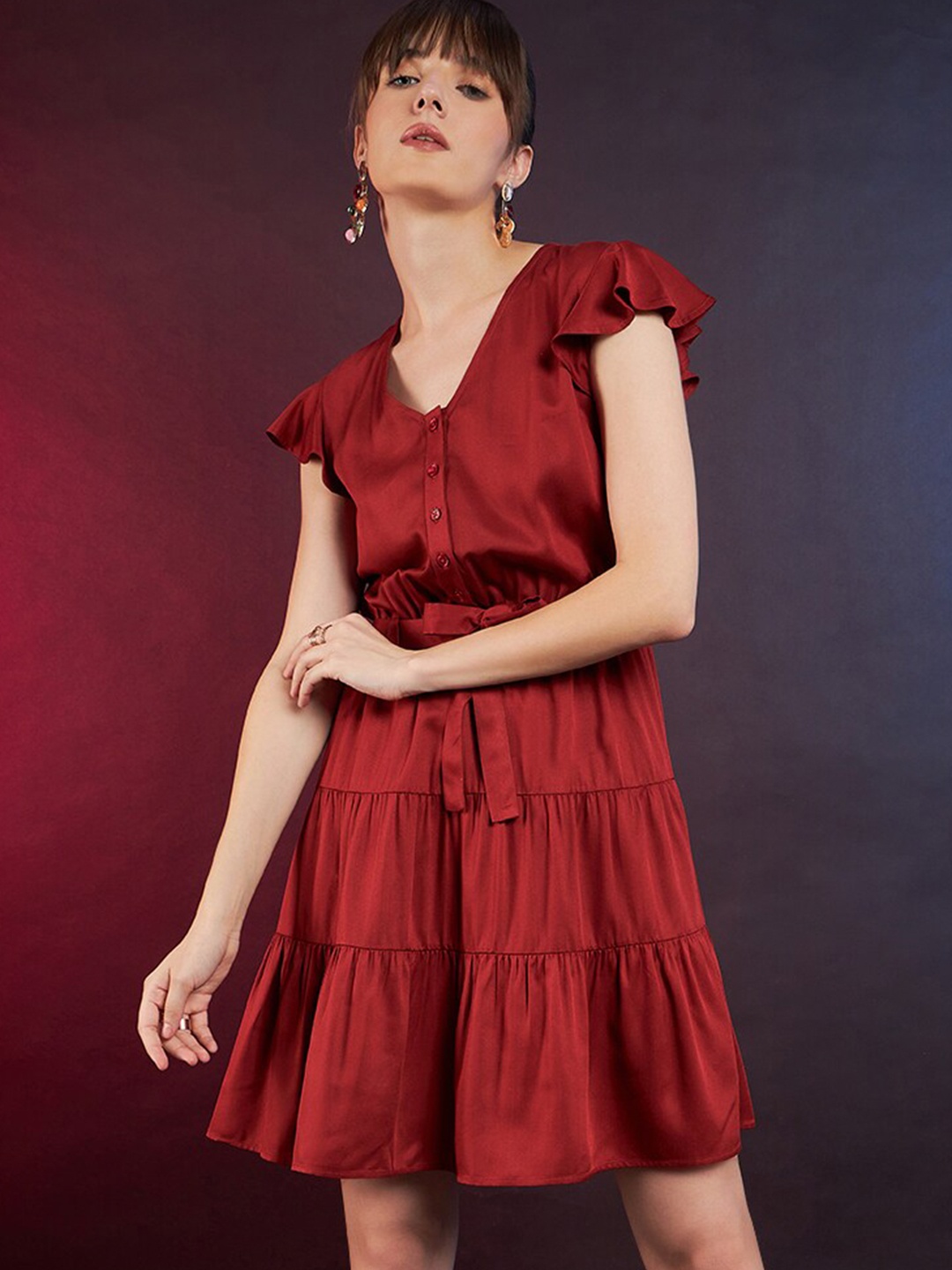 

DressBerry Red Flutter Sleeve Belted Tiered Fit & Flare Dress