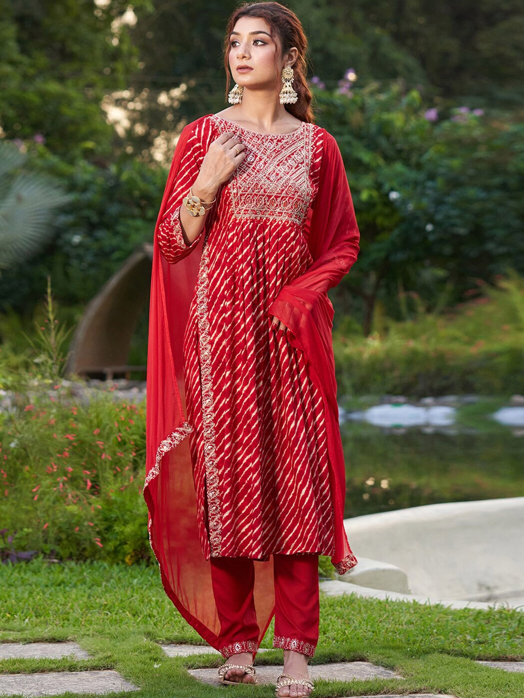 

Indo Era Leheriya Printed Thread Work Pleated A-Line Kurta With Trousers & Dupatta, Red