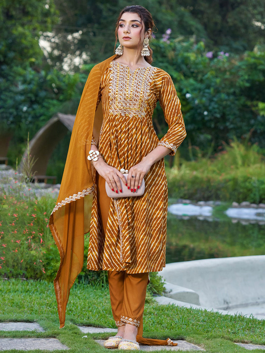 

Indo Era Leheriya Printed Embroidered Empire Sequinned Kurta with Trousers & Dupatta, Mustard