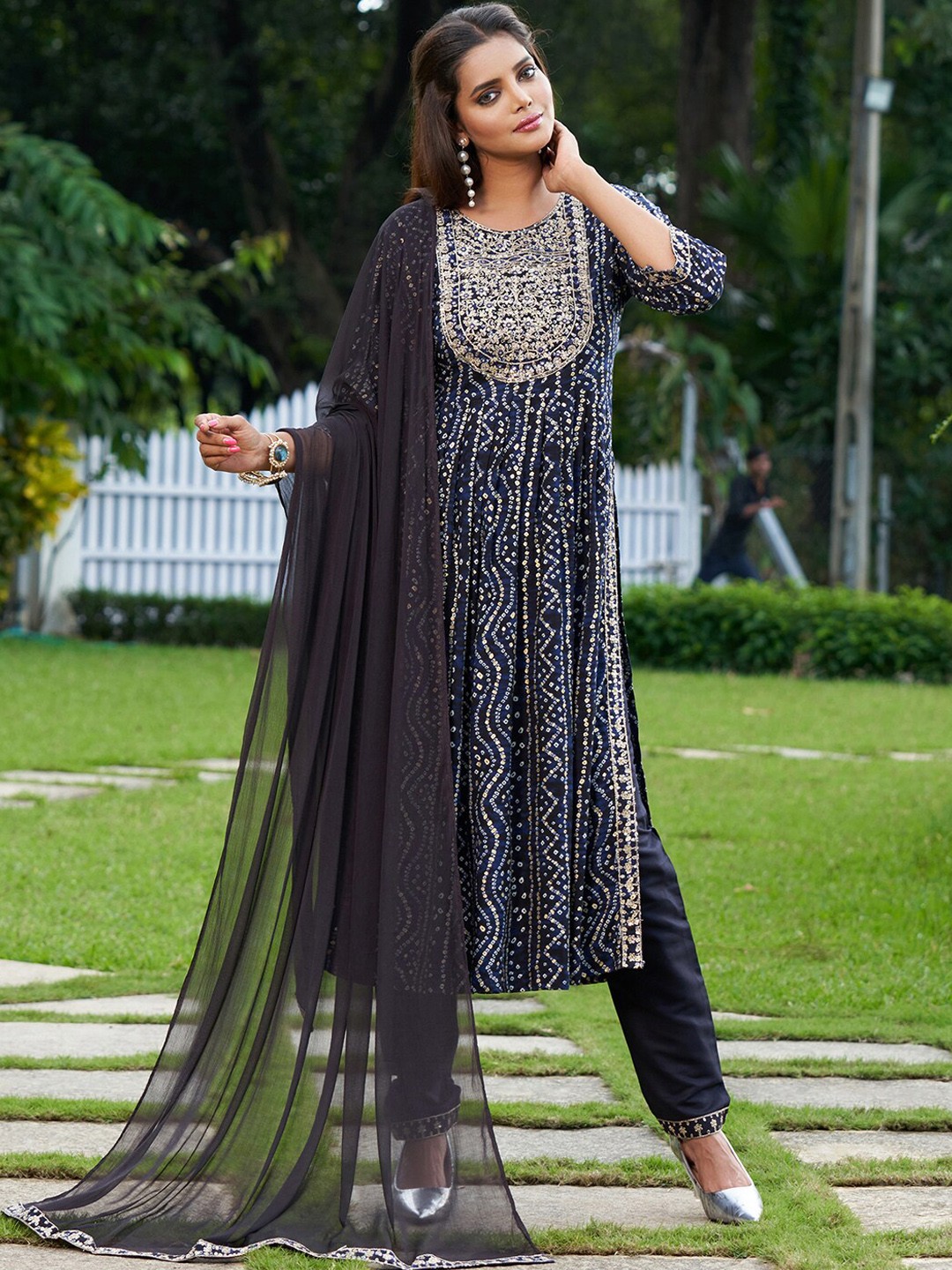 

Indo Era Bandhani Printed Thread Work Pleated A-Line Kurta With Trousers & Dupatta, Blue