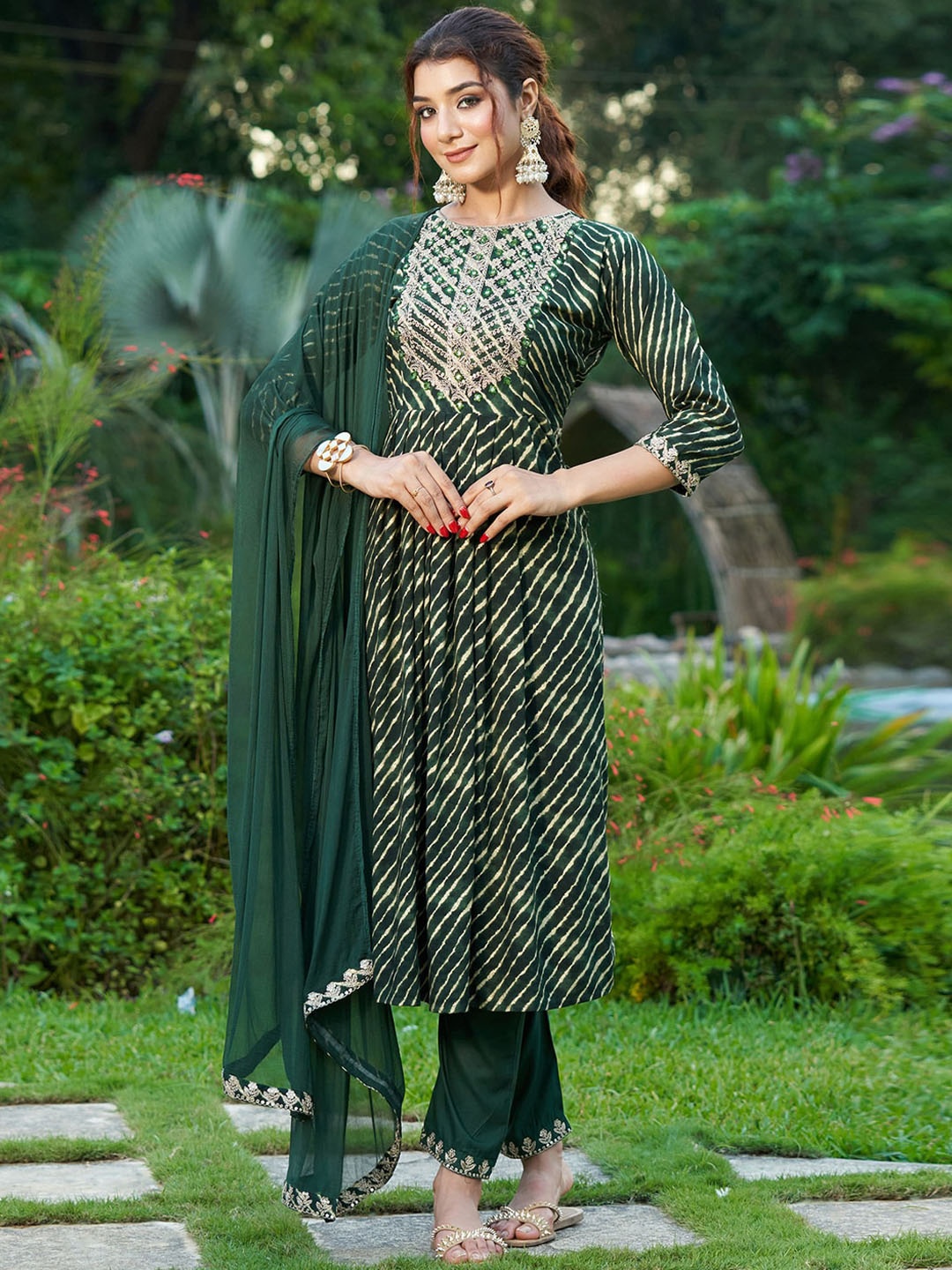 

Indo Era Leheriya Printed Thread Work Pleated A-Line Kurta With Trousers & Dupatta, Green