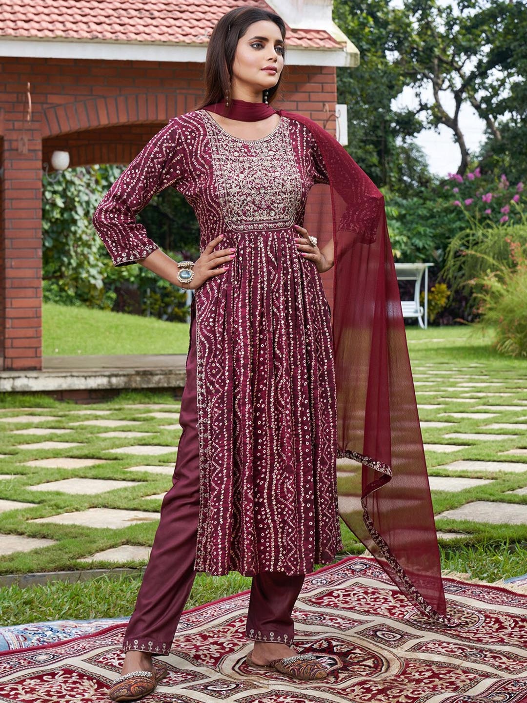 

Indo Era Bandhani Printed Pleated Sequinned Kurta with Trousers & With Dupatta, Burgundy