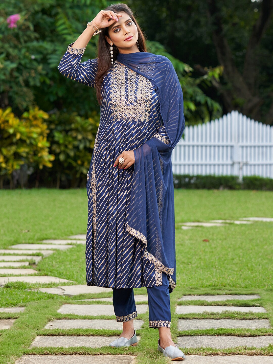 

Indo Era Striped Regular Sequinned Kurta with Trousers & With Dupatta, Blue