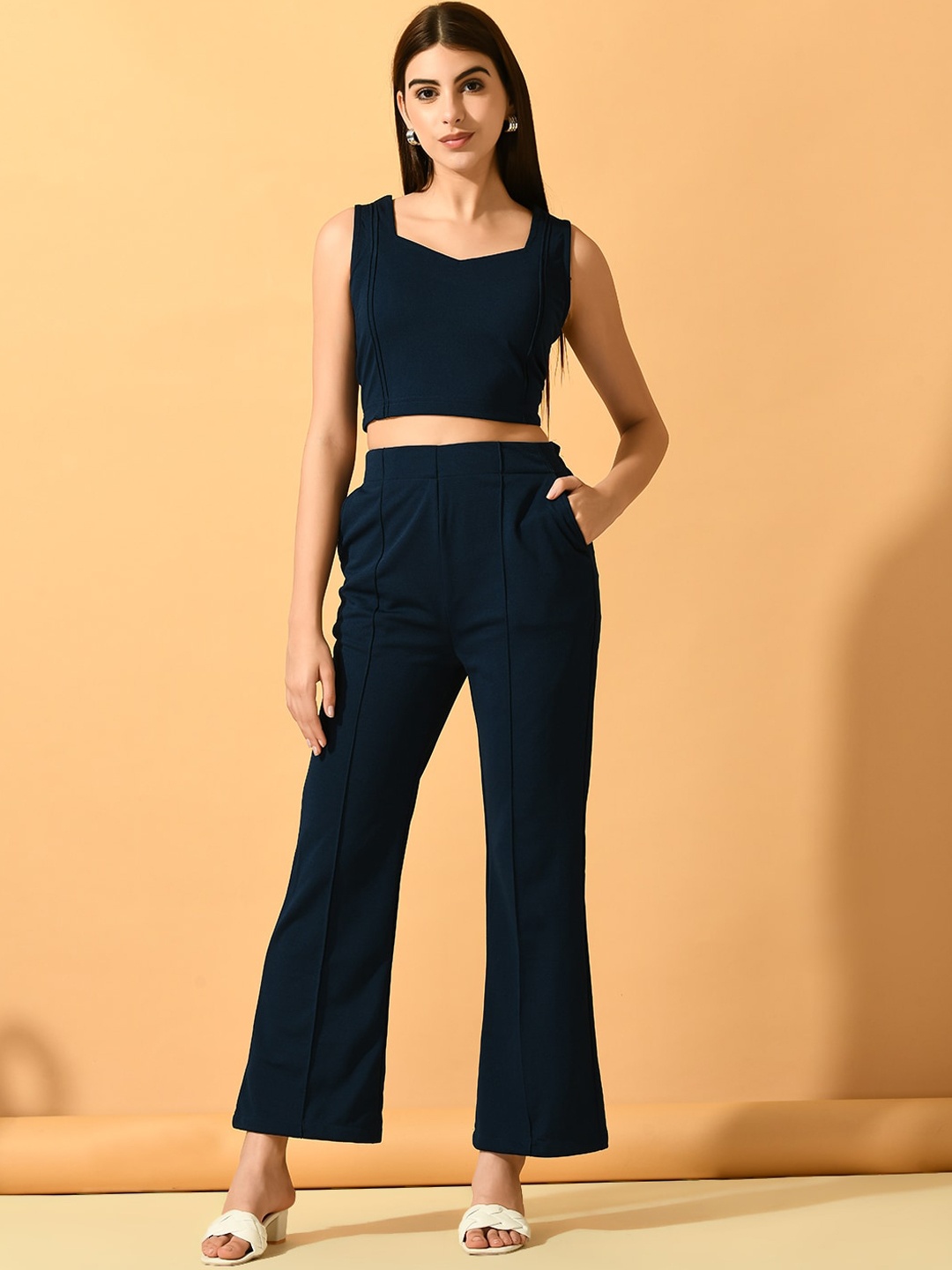 

DressBerry Navy Blue Crop Top With Trousers Co-Ords