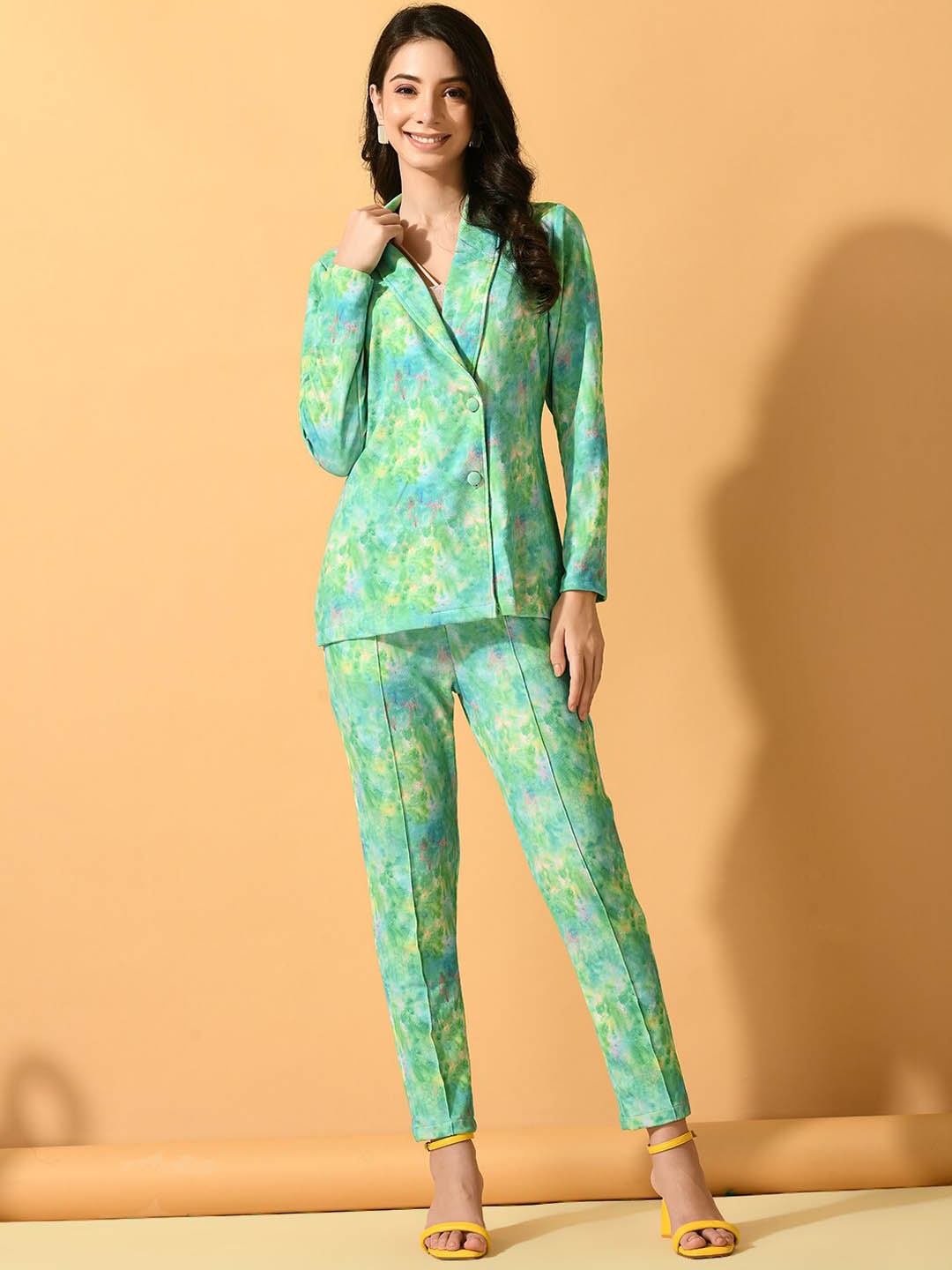 

DressBerry Green & Yellow Printed Coat With Trousers Co-Ords