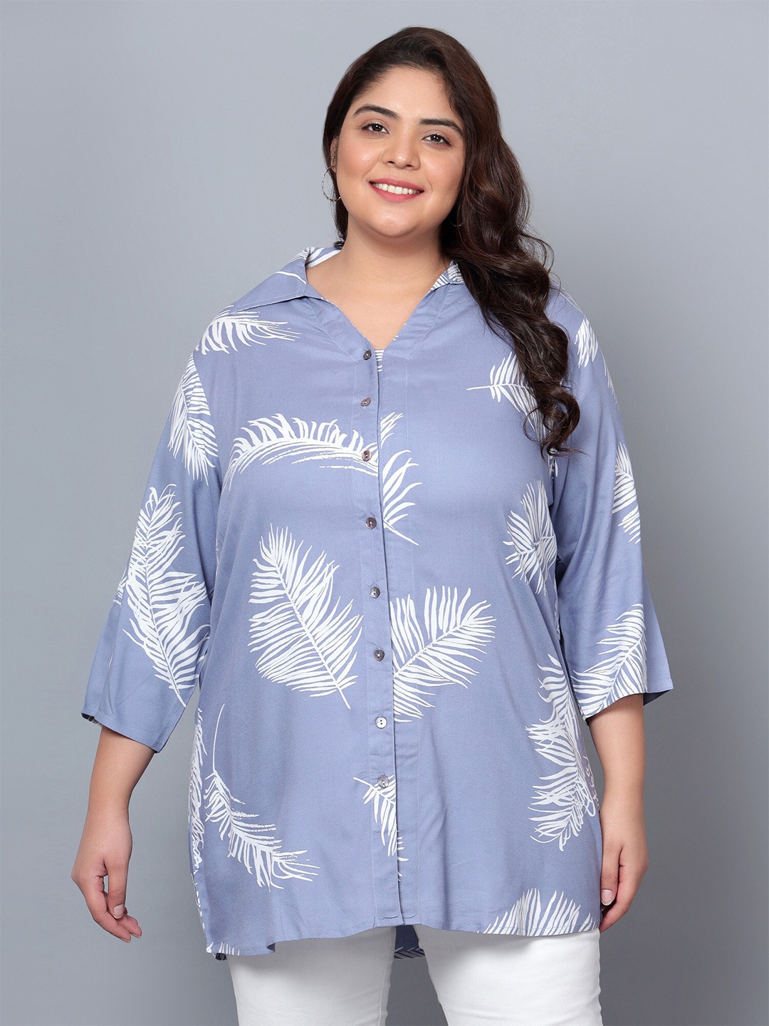

Indietoga Plus Size Classic Floral Printed Longline Casual Shirt, Blue