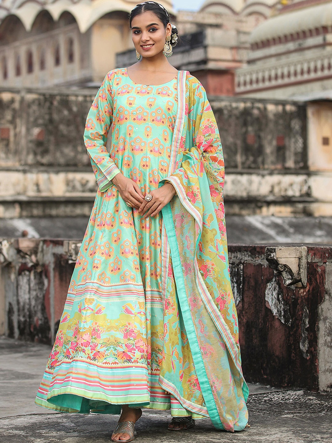 

SCAKHI Printed Anarkali Ethnic Dress With Dupatta, Sea green