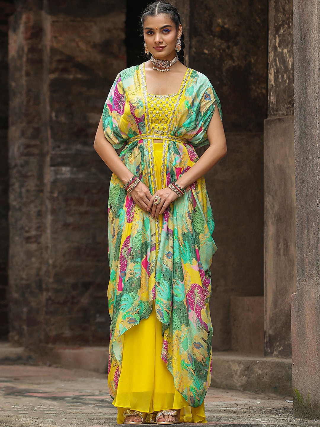

SCAKHI Embellished Shoulder Straps Choli Palazzo Cape Co-Ords, Yellow