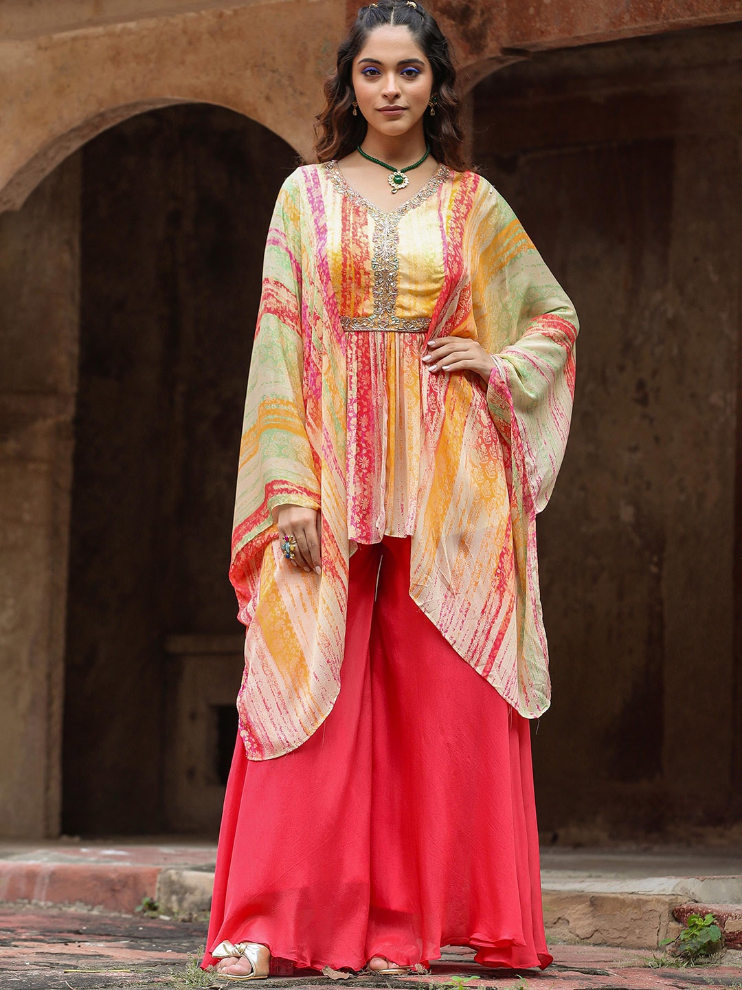 

SCAKHI Floral Printed Beads and Stones Silk Crepe Kurti with Palazzos, Orange