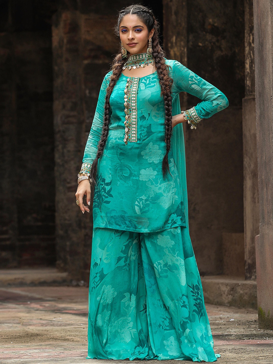 

SCAKHI Floral Printed Regular Beads & Stones Silk Crepe Kurta with Palazzos & Dupatta, Teal