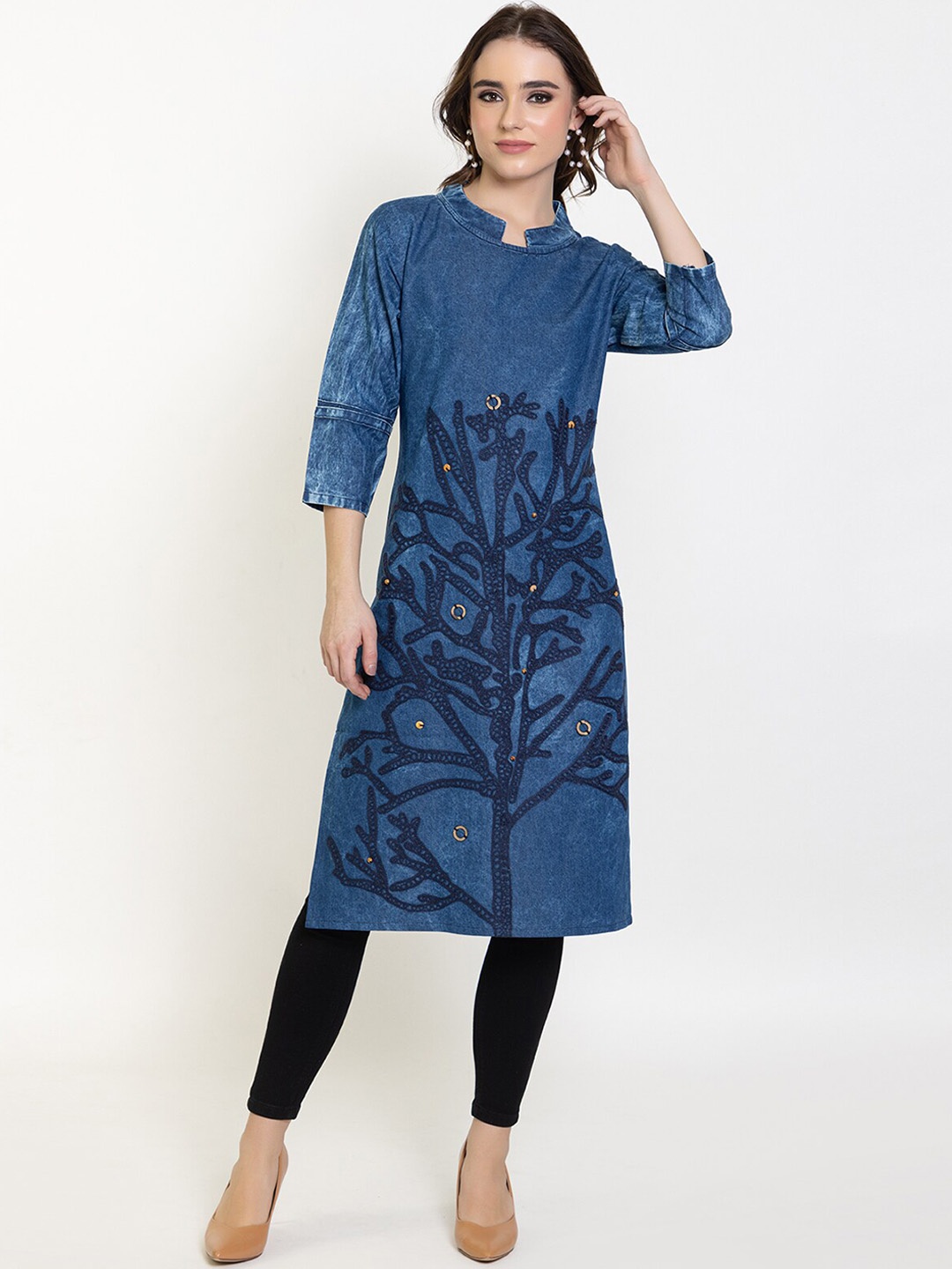 

Elthia Floral Embroidered Round Neck Sequined Cotton Denim Kurta, Blue