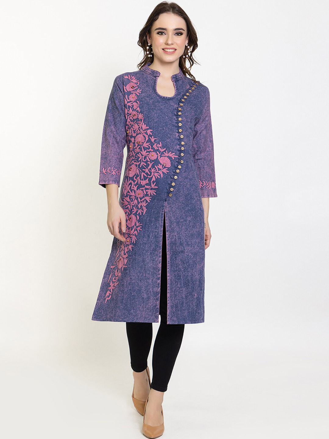 

Elthia Floral Embroidered Mandarin Collar Cotton Denim Kurta, Turquoise blue